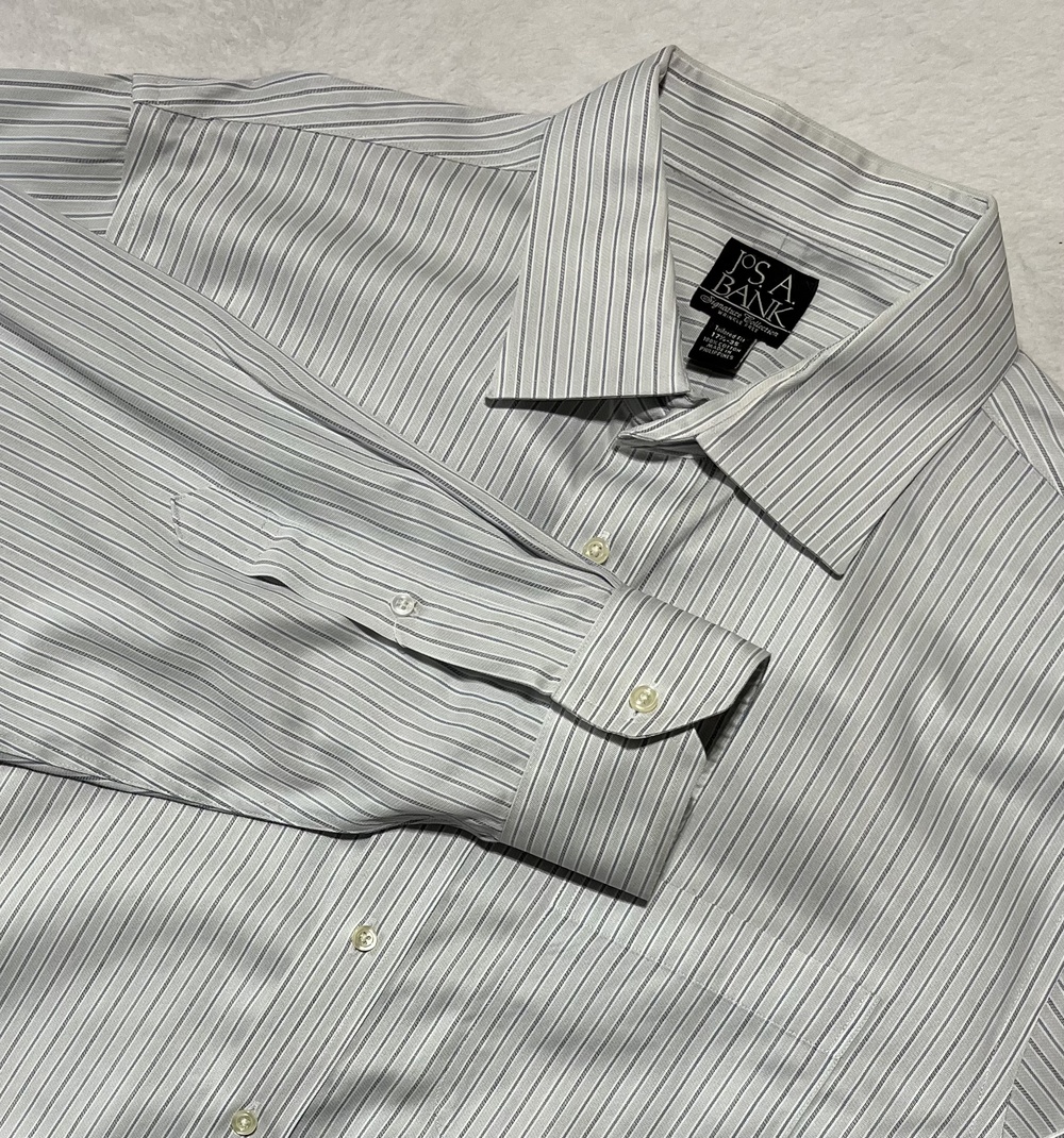 Jos A Bank Shirt Mens 17.5 35 Gray Blue Stripe Button Down Tailored Fit Cotton